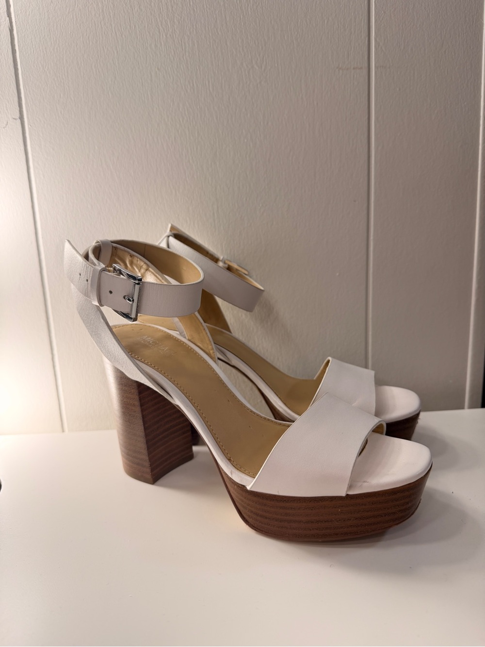 Michael Kors White Leather Platform Ankle-Strap Wedges